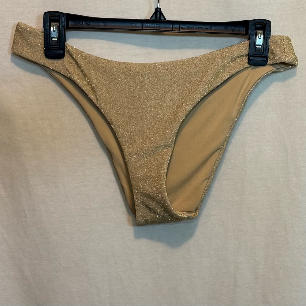 AA-619 Aerie NWT Cheeky Metallic Gold Summer Swim Bikini Bottoms Size L